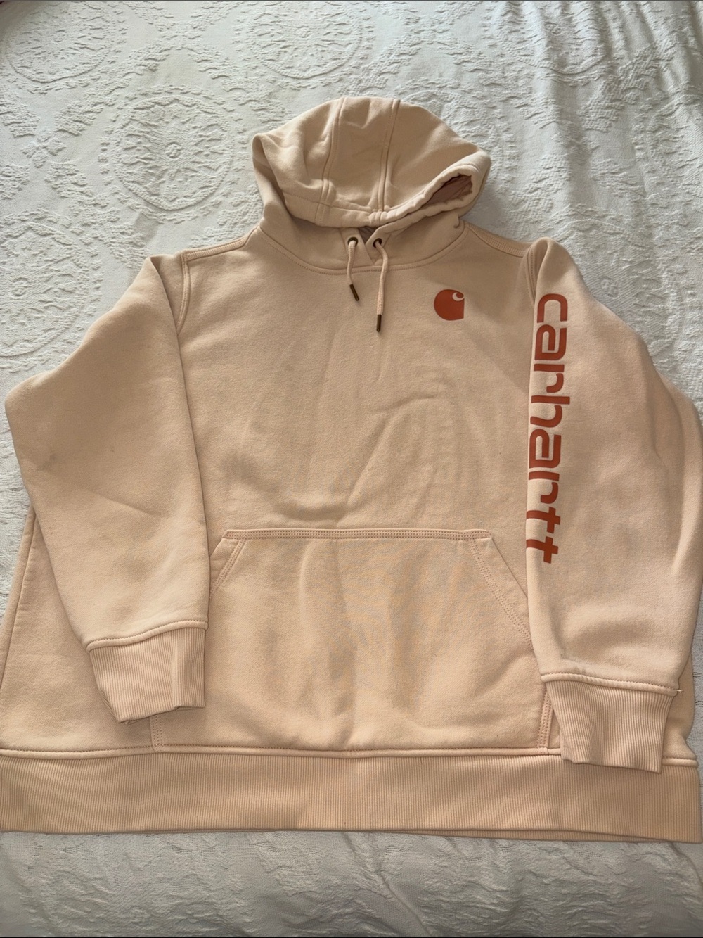 Carhartt Women’s Unisex Crewneck Hoodie in Light Yellow with Rust Logo EUC 2X
